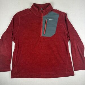 Eddie Bauer Mens XL Quarter Zip Pullover Red Heathered Fleece Chest Zip Pocket